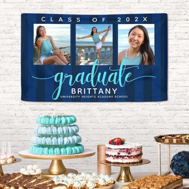 Navy blue graduation 3 photo modern glitter script banner (Creator Uploaded)