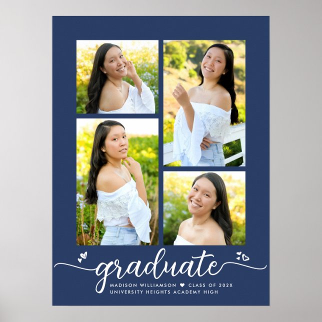 Navy Blue Graduation 4 Photo Script Hearts Girly Poster (Front)