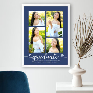 Navy Blue Graduation 4 Photo Script Hearts Girly Poster
