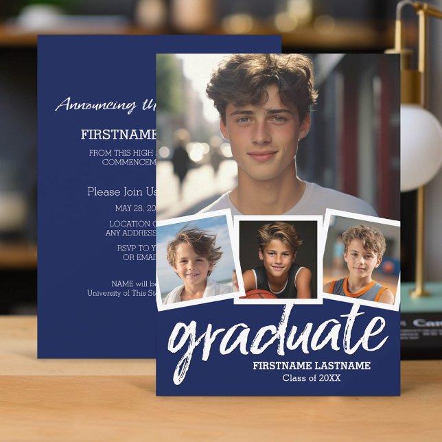 Navy Blue Graduation Announcement with 4 Photos (Classic Graduation Announcement and Party Invitation with 4 Photos)