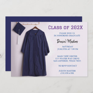 Navy Blue graduation cap and gown invitations