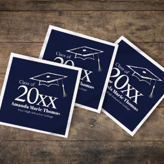 Navy Blue Graduation Cap Class of 20XX Name Napkin
