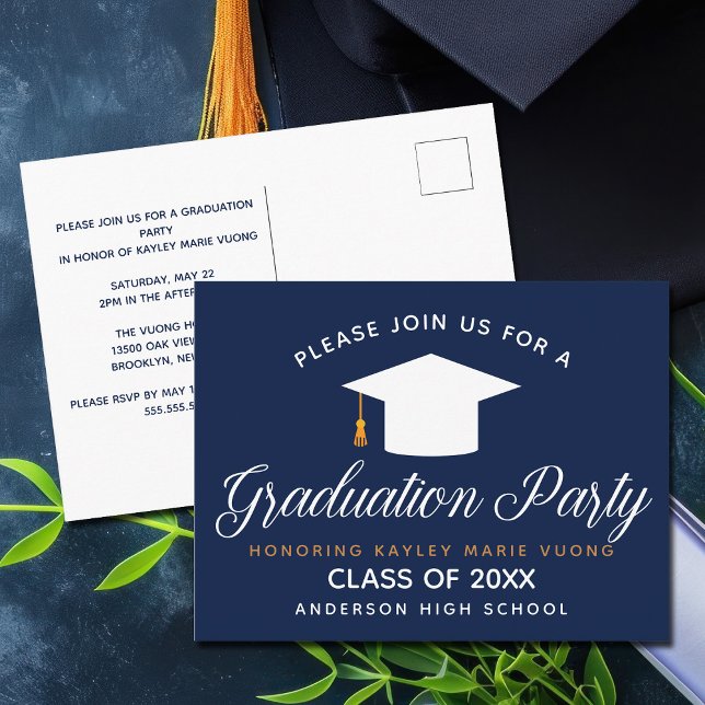 Navy Blue Graduation Chic Modern 2024 Custom Party Postcard (Creator Uploaded)