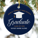 Navy Blue Graduation Custom Graduate Christmas Ceramic Ornament<br><div class="desc">This chic navy blue and gold custom senior graduation Christmas ornament gift features elegant white typography under a high school or college name for the class of 2025. Customise with your graduating year under the lovely calligraphy for a great personalised graduate present.</div>