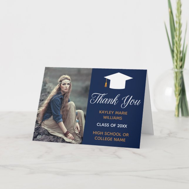 Navy Blue Graduation Photo 2025 Classic Graduate Thank You Card (Front)