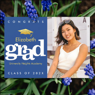 Navy blue graduation photo gold cap modern bold announcement