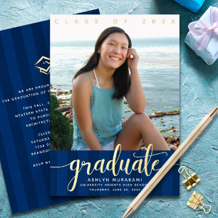 Navy blue graduation photo modern script real gold