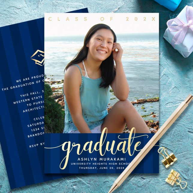 Navy blue graduation photo modern script real gold (Creator Uploaded)