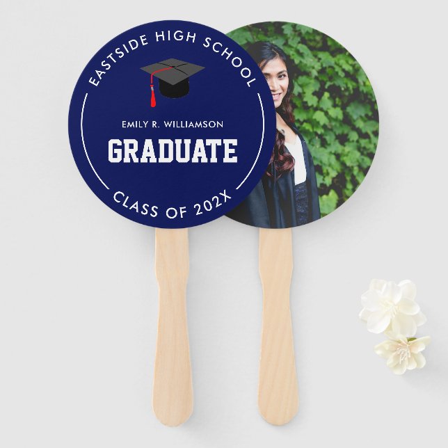 Navy Blue Graduation Photo Personalised Hand Fan (Front and Back)