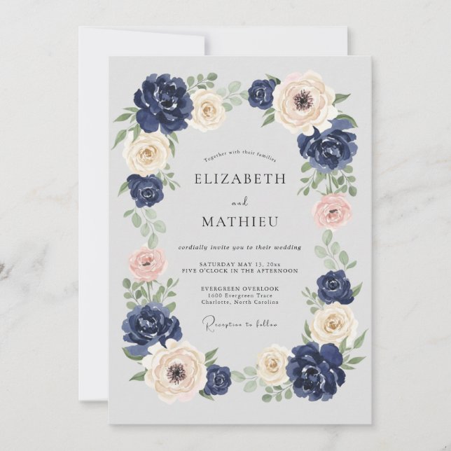Navy Blue Grandiose Botanical Wedding Invitation (Front)