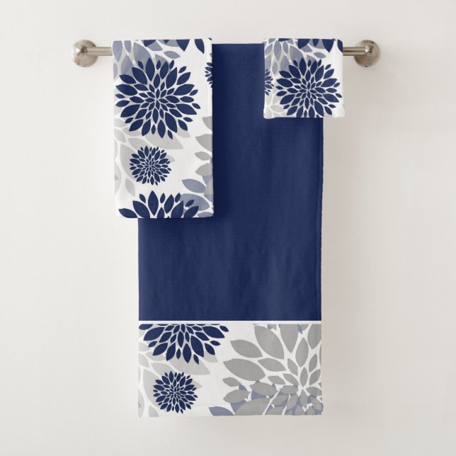 Navy Blue Gray Flower Graphic Pattern Bath Towel Set (Insitu)