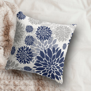 Navy Blue Gray Flower Pattern Cushion