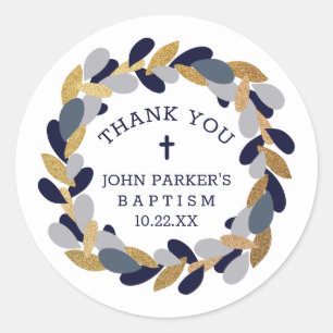 Navy Blue Gray gold wreath baptism thank you Classic Round Sticker