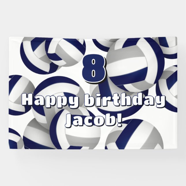 navy blue gray volleyballs kids birthday party banner (Horizontal)