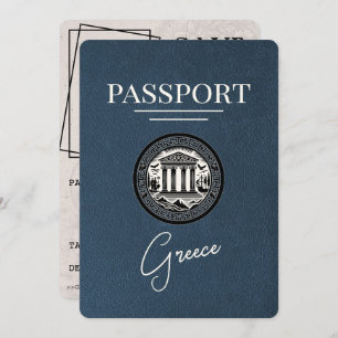 Navy Blue Greece Passport Save the Date Card