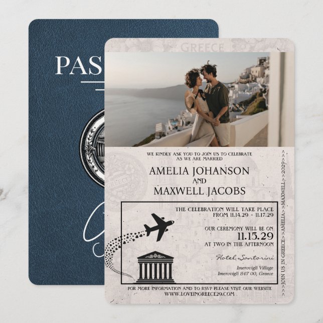 Navy Blue Greece Passport Wedding Invitation (Front/Back)