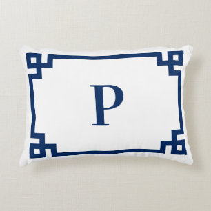 Navy Blue Greek Key Border Monogram Decorative Cushion
