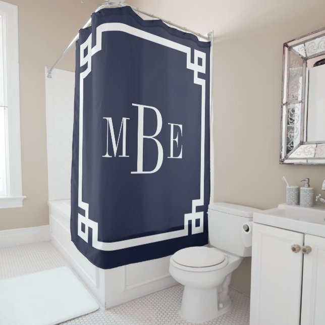 Navy Blue Greek Key Border Monogram Shower Curtain (In Situ)