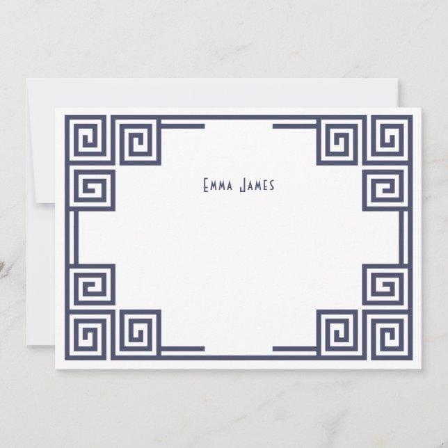 Navy Blue Greek Key Border Personalised Stationery Card (Front)
