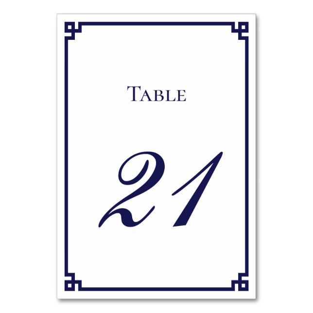 Navy Blue Greek Key Border Wedding Table Number (Front)