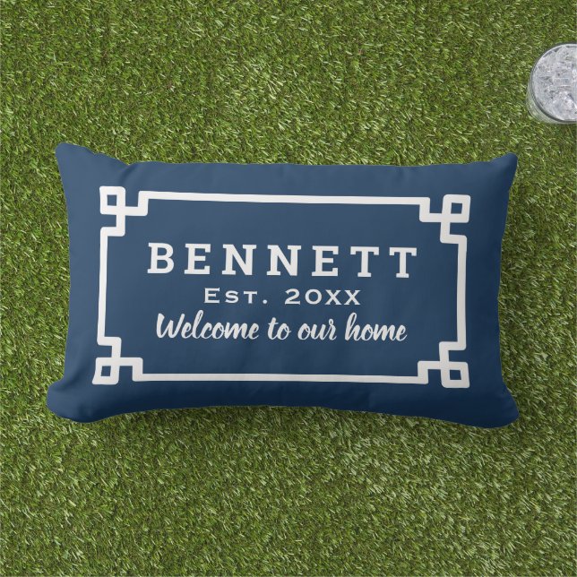 Navy Blue Greek Key Monogram Welcome Lumbar Cushion (Grass)