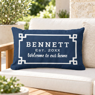 Navy Blue Greek Key Monogram Welcome Lumbar Cushion