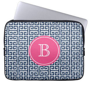 Navy Blue Greek Key Pattern Hot Pink Monogram Laptop Sleeve