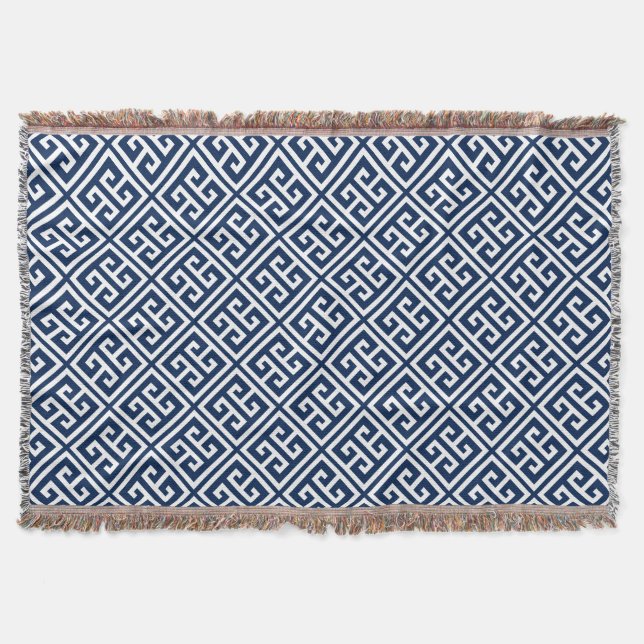 Navy Blue Greek Key Pattern Throw Blanket (Front)