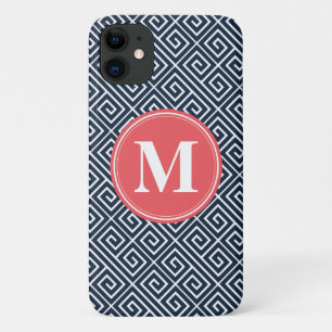 Navy Blue Greek Key Pattern Watermelon Monogram iPhone 11 Case