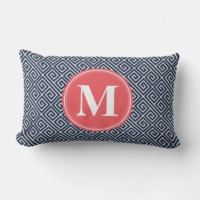 Navy Blue Greek Key Pattern Watermelon Monogram Lumbar Cushion (Front)