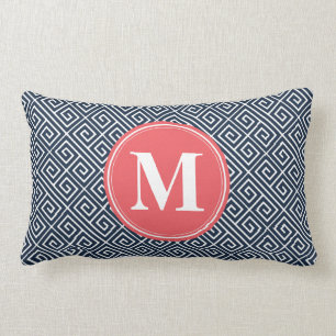 Navy Blue Greek Key Pattern Watermelon Monogram Lumbar Cushion