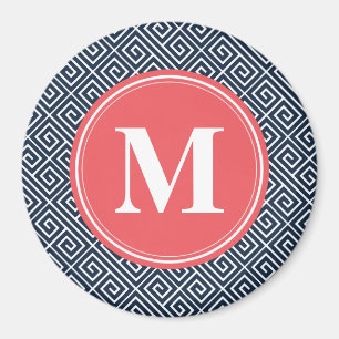 Navy Blue Greek Key Pattern Watermelon Monogram Magnet