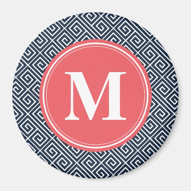 Navy Blue Greek Key Pattern Watermelon Monogram Magnet (Front)