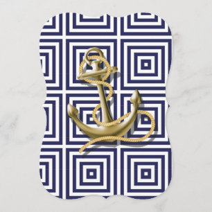 Navy Blue greek pattern preppy nautical Anchor Invitation