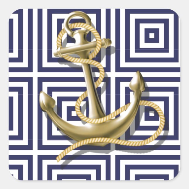 Navy Blue greek pattern preppy nautical Anchor Square Sticker (Front)