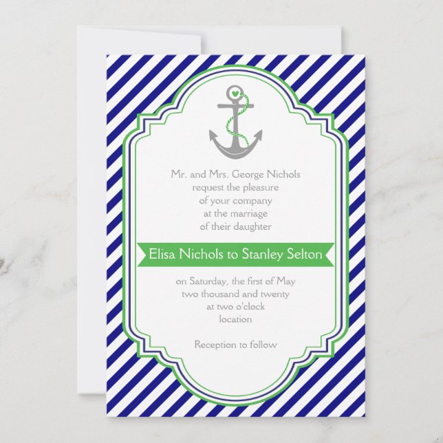 Navy blue, green anchor & stripes nautical wedding invitation (Front)