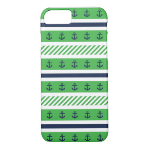 Navy Blue, Green and White Anchors Pattern iPhone 8/7 Case