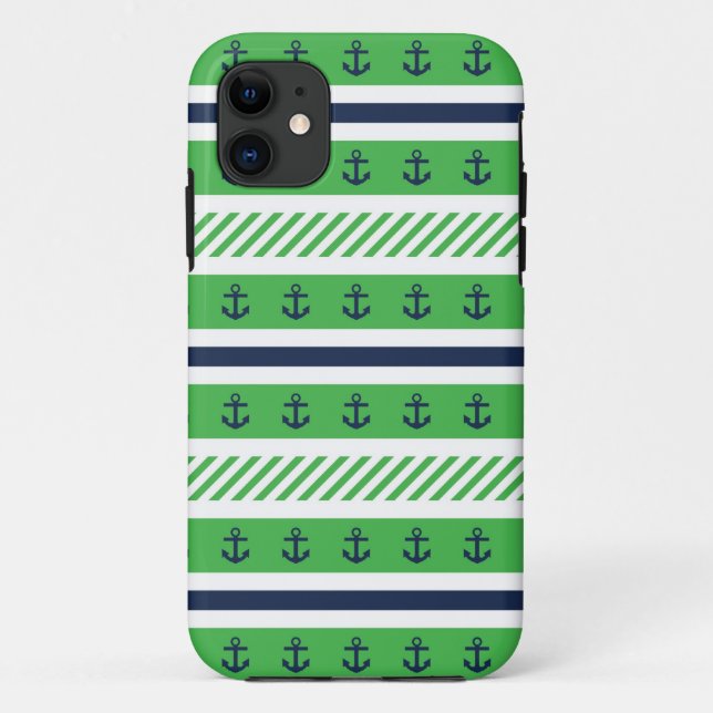 Navy Blue, Green and White Anchors Pattern Case-Mate iPhone Case (Back)