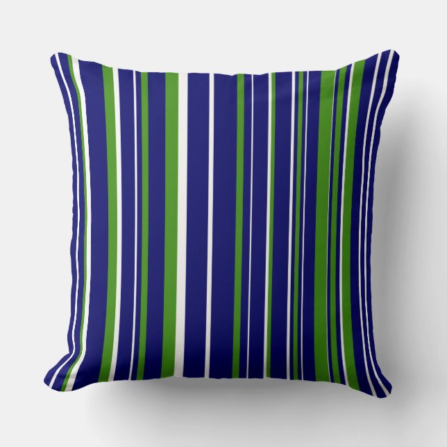 Navy Blue, Green, and White Barcode Stripe Cushion (Front)