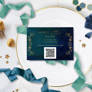 Navy, Blue, Green Celestial QR Code RSVP Wedding Enclosure Card