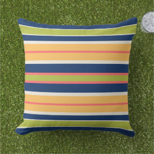Navy Blue Green Coral and Orange Stripes   Outdoor Cushion