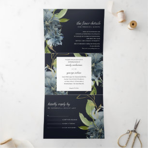 NAVY BLUE GREEN GOLD FLORAL WATERCOLOR WEDDING Tri-Fold INVITATION