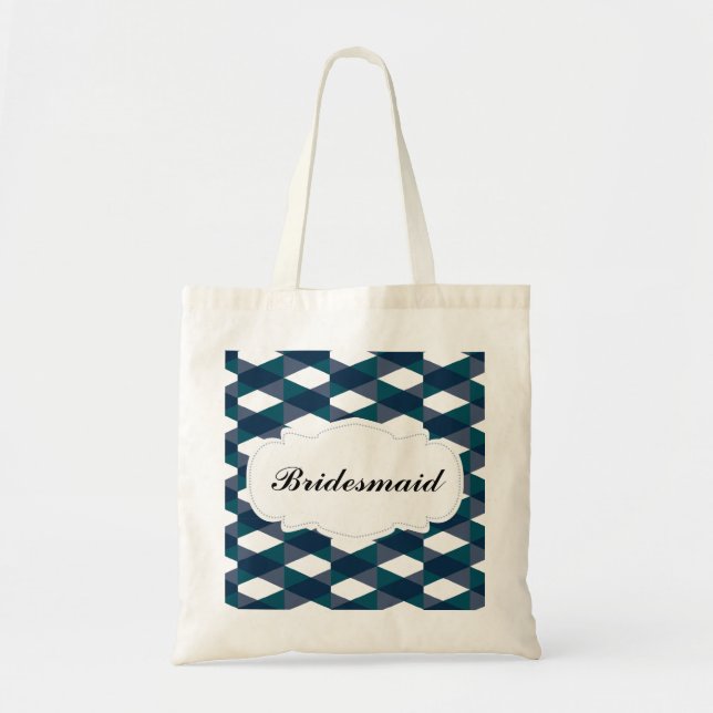 Navy Blue & Green Herringbone Pattern Bridesmaid Tote Bag (Front)