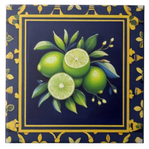 Navy Blue & Green Limes Citrus Fruit Mediterranean Ceramic Tile