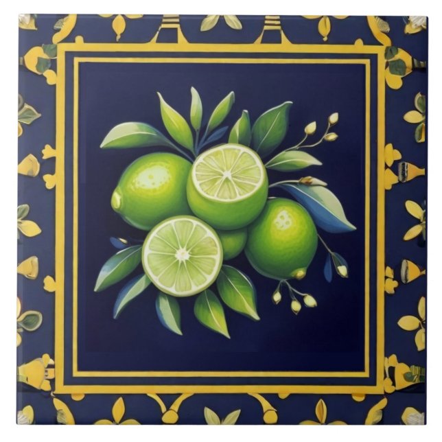 Navy Blue & Green Limes Citrus Fruit Mediterranean Ceramic Tile (Front)