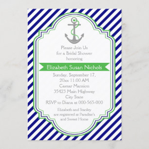 Navy blue, green nautical wedding bridal shower invitation