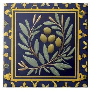 Navy Blue Green Olives Mediterranean Olive Branch Ceramic Tile