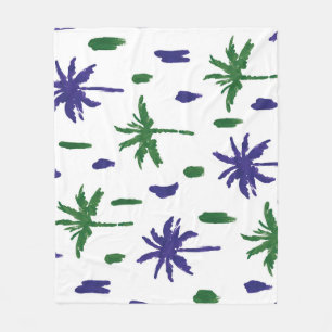 Navy Blue Green Palm Pattern Fleece Blanket
