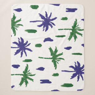 Navy Blue Green Palm Pattern Sherpa Blanket