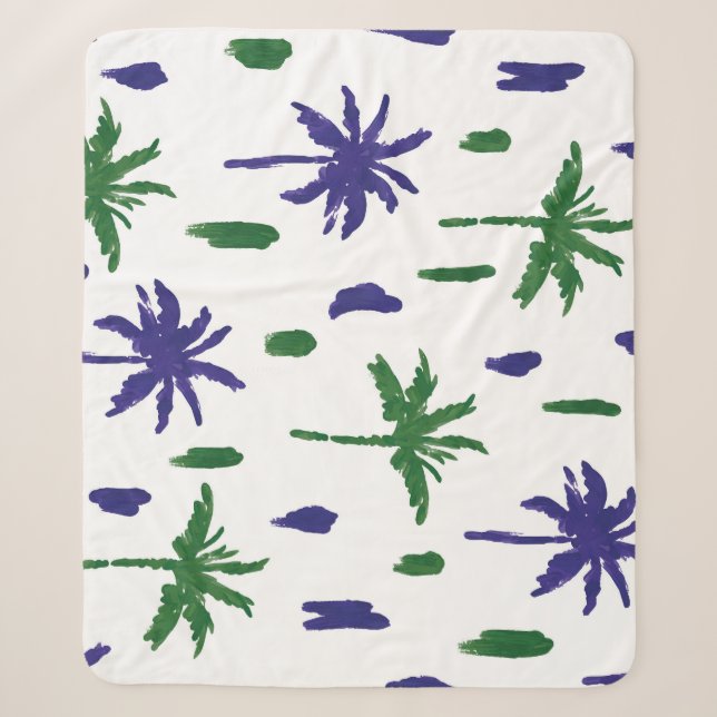 Navy Blue Green Palm Pattern Sherpa Blanket (Front)